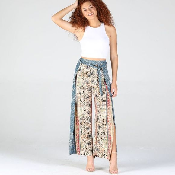 Dual Print Tie Waist Split Leg Pant - Picture 7 of 8